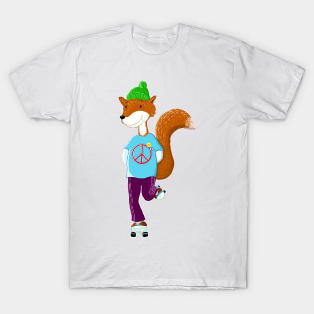 Groovy Rollerskating Fox T-Shirt by brodyquixote